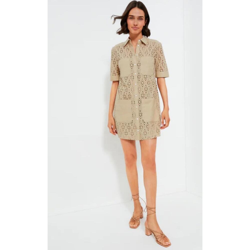 Veronica Beard Rafaela Eyelet Shirt Dress Khaki Utility Chic Size 4 No Slip - Picture 2 of 9